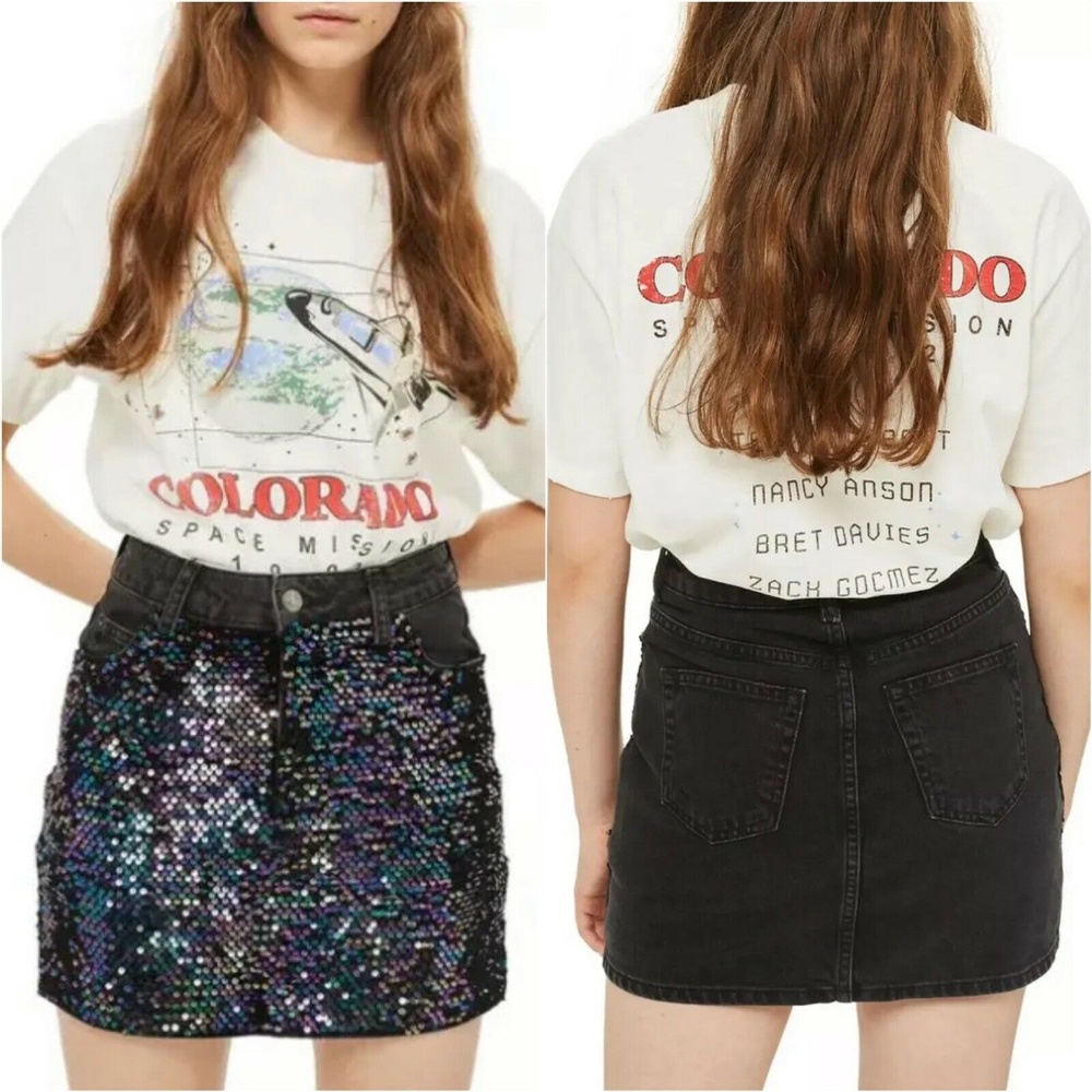 Topshop Black Iridescent Beetle Sequin Denim Skirt